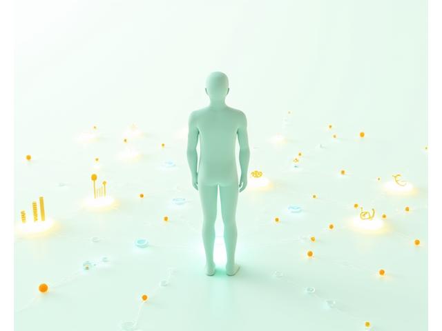 Infographic illustrating a personalized wellness journey with icons for data, genetics, lifestyle, and prevention