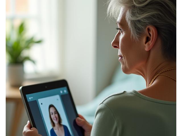 A woman in her late 40s or early 50s, looking thoughtful and engaged while using a tablet for an online consultation, with a blurred natural light background.