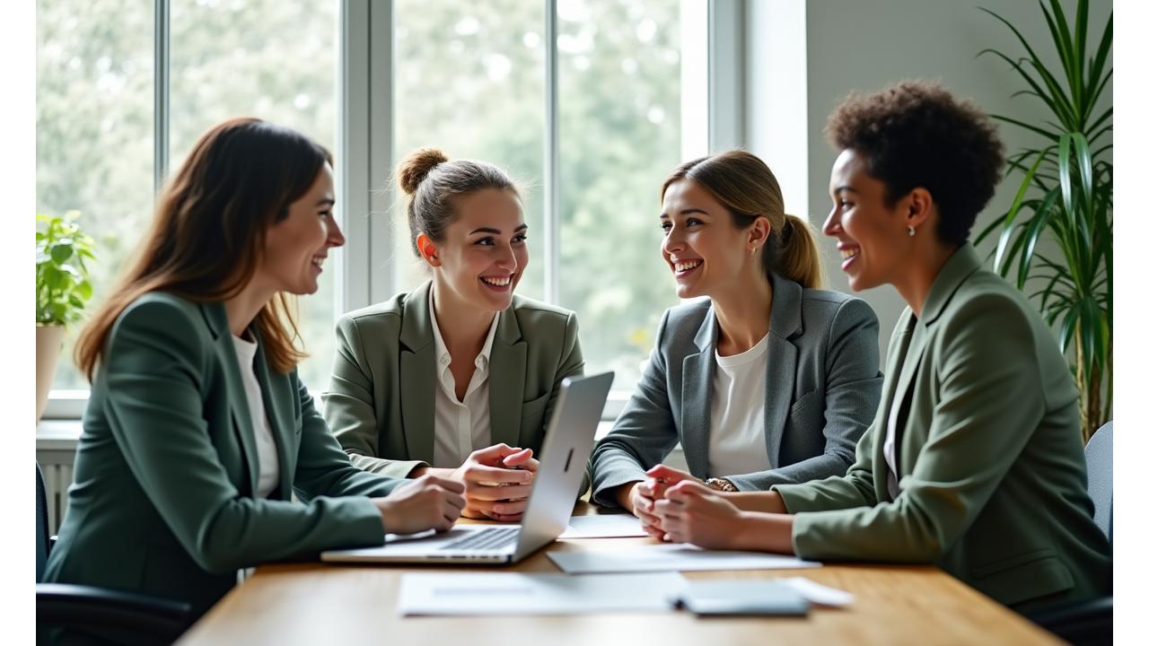A diverse team of Vita Bloom wellness professionals smiling and collaborating in a modern, light-filled office, symbolizing approachable support and expertise.
