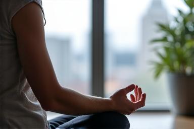 Calm person practicing deep breathing in a quiet home environment
