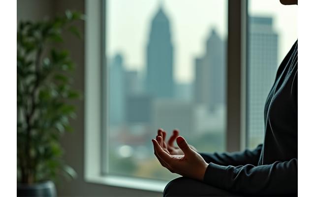 Person meditating peacefully by a window with blurred city view