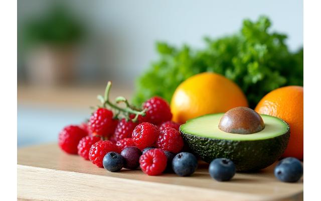 Artfully arranged fresh fruits and vegetables