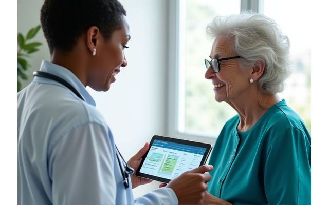 Doctor holding a tablet, discussing health data with a mature patient