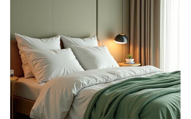 Serene bedroom with soft lighting and comfortable bedding