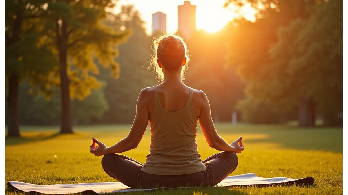 Mature woman practicing yoga outdoors in Atlanta park at sunrise
