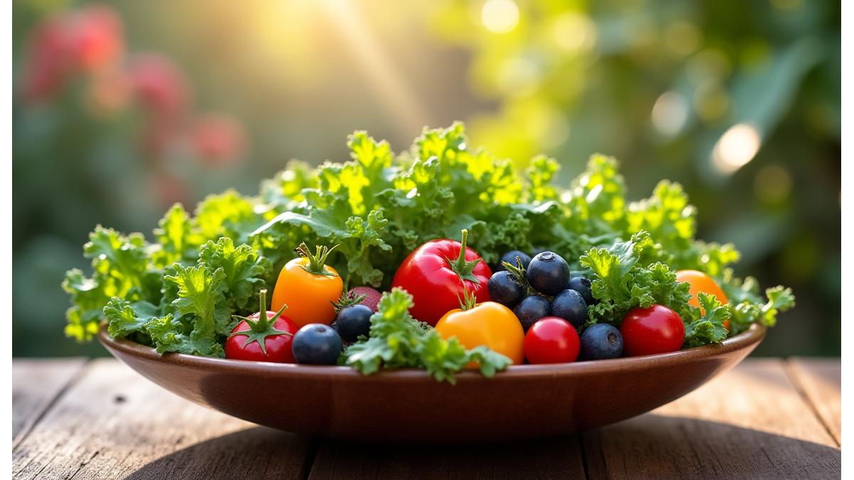 Fresh, vibrant salad with local produce on a wooden table