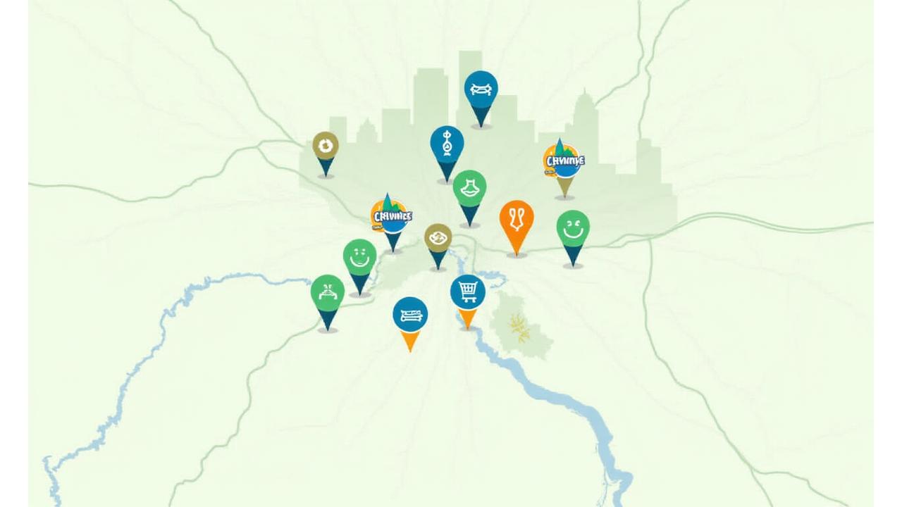 An illustrative map of Atlanta with pin locations highlighting farmers markets, health food stores, and cafes known for organic produce and gut-friendly options.