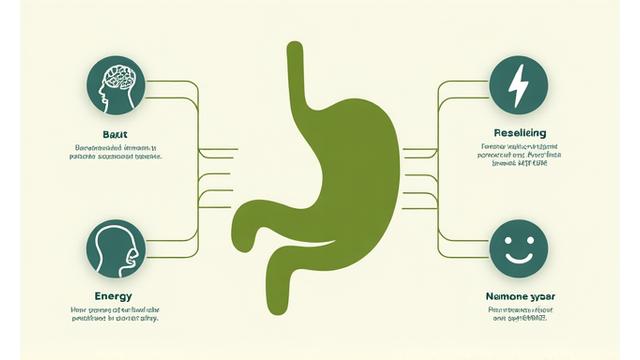 An infographic illustrating the interconnectedness of gut health with immune function, mood, and energy levels, using subtle green and blue tones.