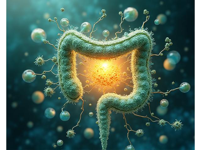 A vibrant illustration of a healthy gut microbiome with beneficial bacteria and a glowing central organ, symbolizing holistic wellness and energy.