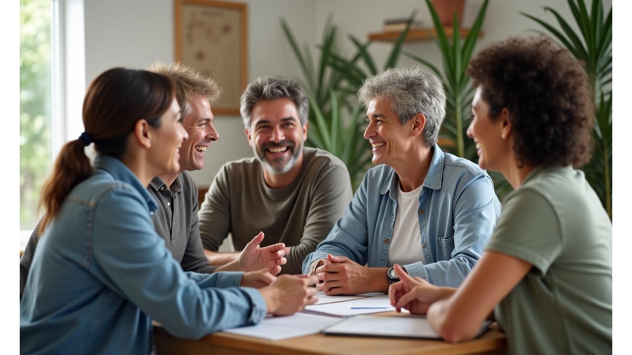 A diverse group of healthy, smiling adults (35+) engaged in a light group discussion, perhaps a wellness workshop, in a bright, modern setting, conveying community and support.