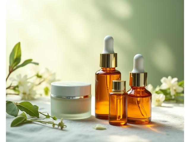Elegant natural beauty products like serums, creams, and oils in amber glass bottles, with natural botanical elements.