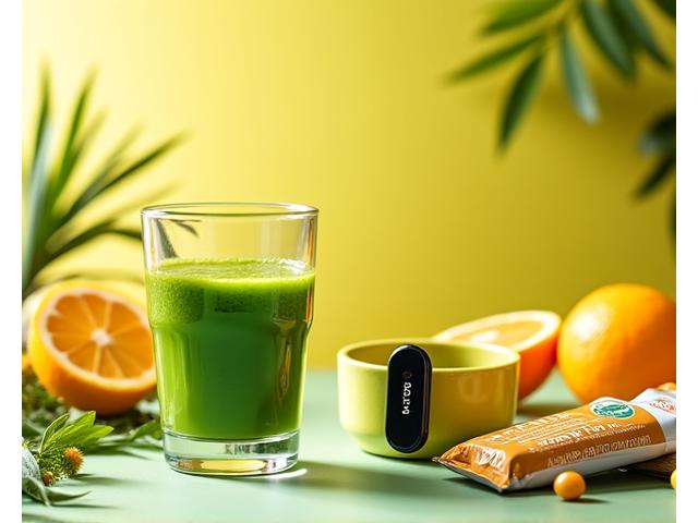 A vibrant green smoothie, exercise wearables, and a small energy bar on an active, light-filled background, symbolizing clean energy.