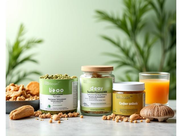 A variety of superfood powders, adaptogenic herbs, and specialized nutritional bars, arranged to show functional nutrition.