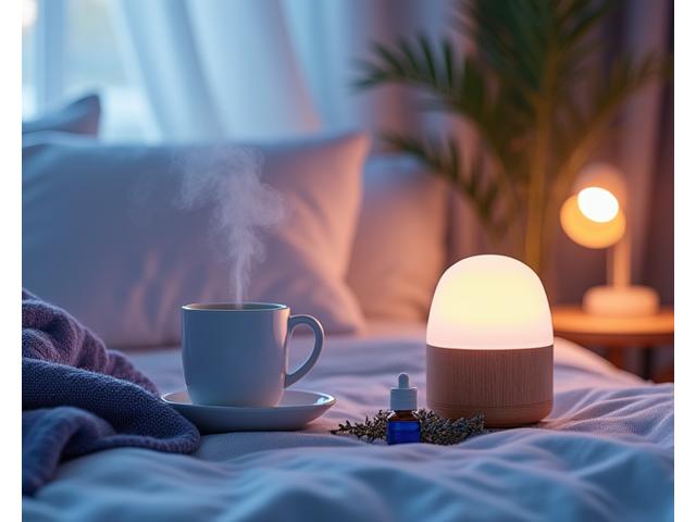 Soft, warm light illuminating a relaxing bedroom scene with natural sleep aids like lavender, essential oil diffuser, and herbal teas.