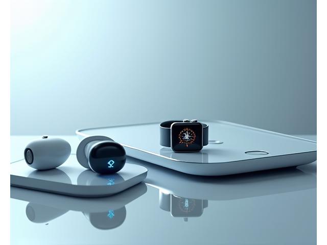 Modern wellness gadgets like a smart watch, smart scale, and a massage gun, displayed on a minimalist, tech-inspired surface.