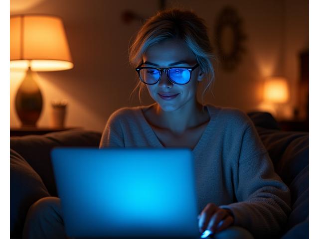 A person wearing blue light blocking glasses while looking at a laptop in a cozy, dim light, emphasizing eye protection.