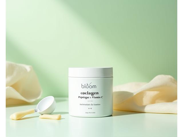 A premium collagen peptide powder container with a scoop, emphasizing skin and joint health, against a bright, clean background.