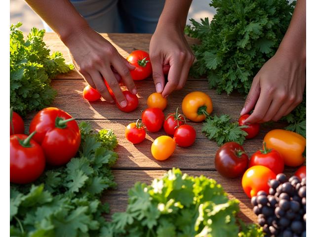 Couple preparing healthy meal with fresh produce from an Atlanta farmers market, sunlight beaming.