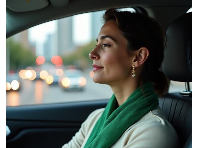 Woman meditating calmly in a car during Atlanta traffic, symbolizing stress management.