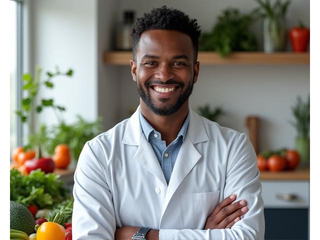 Portrait of Marcus Thompson, RD, with a background of fresh produce, conveying nutrition expertise.