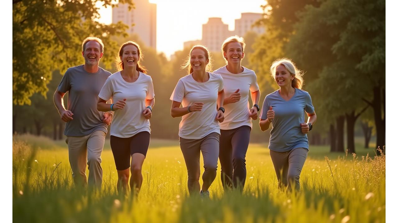 Diverse group of active, happy adults over 35 from Atlanta enjoying outdoor wellness activities, featuring green parks and the city skyline in the background.