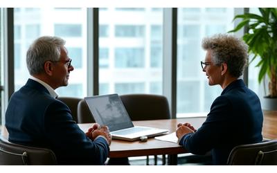 An executive male and female having a focused one-on-one coaching session in a corporate setting