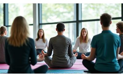 A diverse group of employees doing meditation together in a modern, sunlit office space