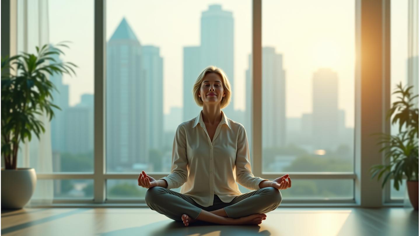 Serene woman meditating with Atlanta city skyline softly blurred in the background, conveying peace amidst urban life