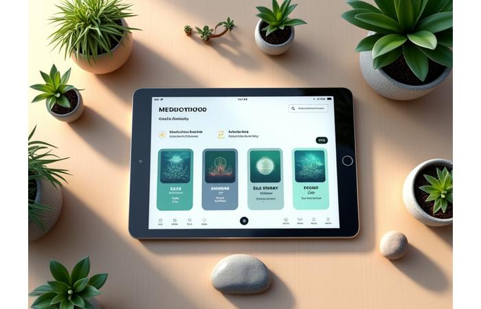 A tablet displaying a meditation app interface with categories like 'Sleep', 'Focus', 'Anxiety Relief', surrounded by serene plants