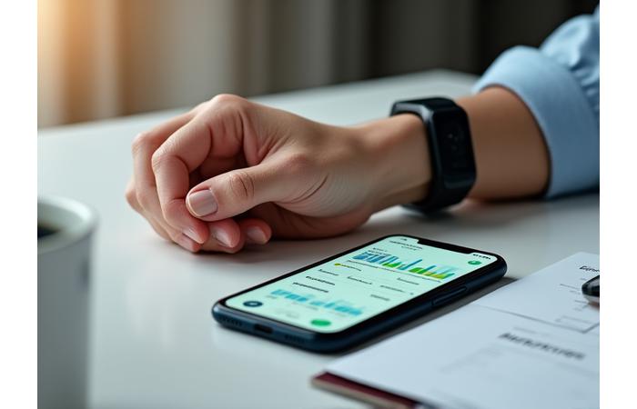 A smartphone screen displaying a health dashboard with graphs showing stress levels and an increasing mindfulness streak, integrated with a wearable device on a wrist