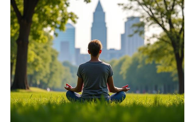 Person meditating calmly in a vibrant urban park in Atlanta, with city buildings in the distant background