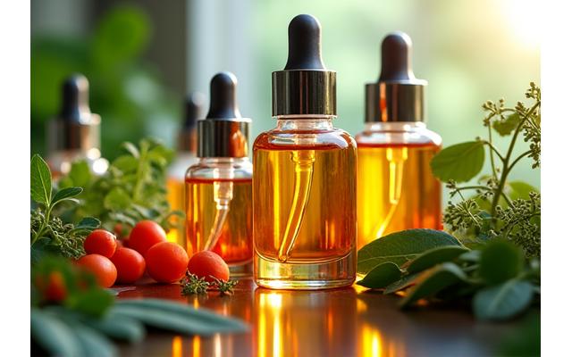 Close-up of vibrant plant-based ingredients and serums, symbolizing anti-aging strategies.