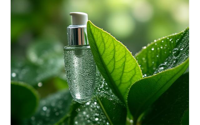 Dewy green leaves and a clear droplet of water, symbolizing hydration for Atlanta's climate.