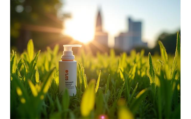 Urban Atlanta skyline with sun rays, emphasizing sun protection and environmental defense.