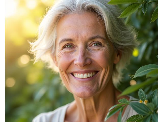 Woman with glowing, healthy skin, surrounded by lush green leaves and soft, warm light, representing natural beauty and wellness.