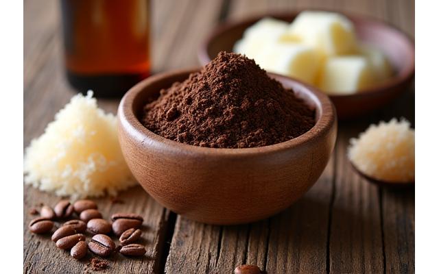 Coffee grounds and sugar with essential oils, ingredients for a homemade body scrub.