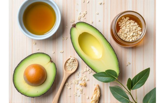 Bowl of fresh ingredients like avocado and honey for a DIY face mask.