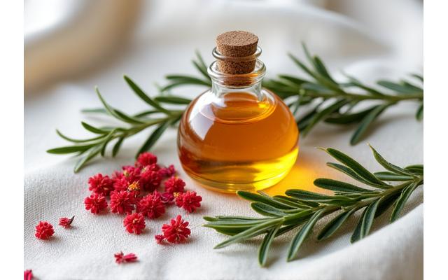 Fresh rosemary and coconut oil, ingredients for a natural hair treatment.