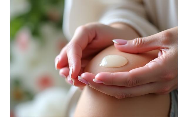 Gentle hands applying a natural cream to mature skin, illustrating care for hormonal changes.