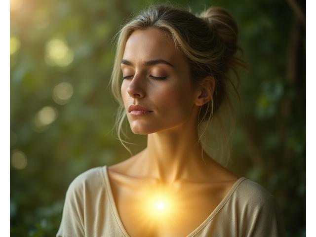A serene woman meditating, with a subtle glow radiating outwards, symbolizing inside-out beauty and wellness.