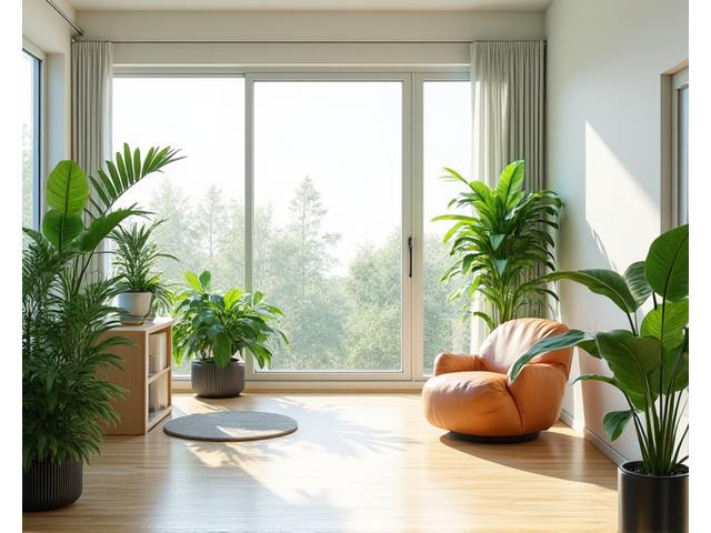 Clean, bright indoor space with natural plants and sunlight, representing a healthy environment