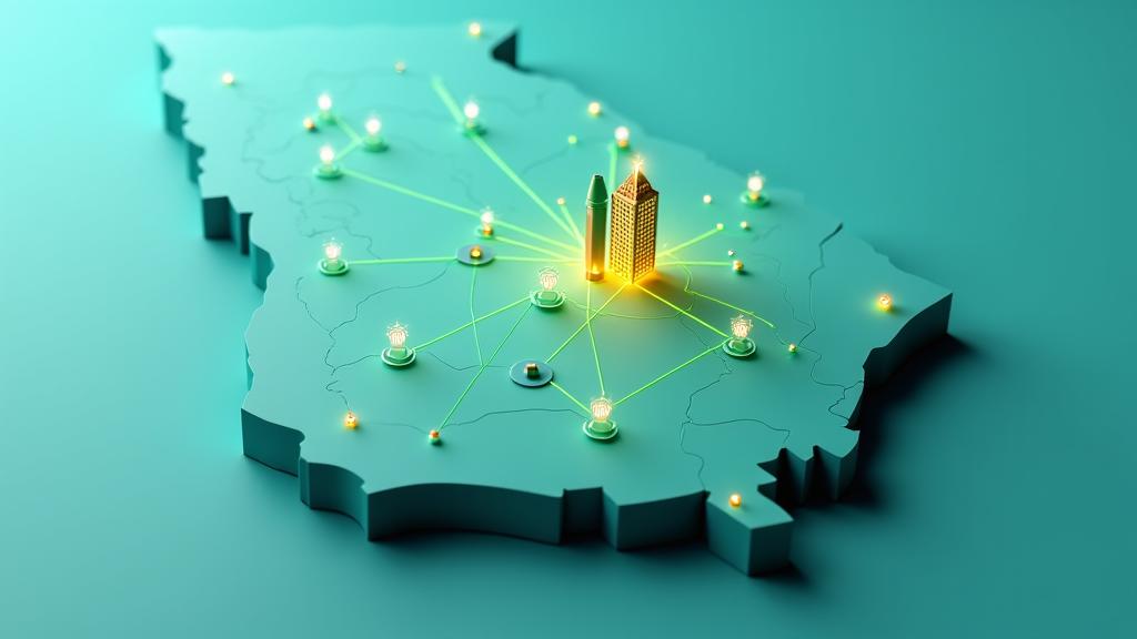 A stylized map of Georgia with highlight of Atlanta, overlaid with privacy icons and a subtle network of shielded connections, representing local compliance and data protection. Using the primary green and a touch of light blue.