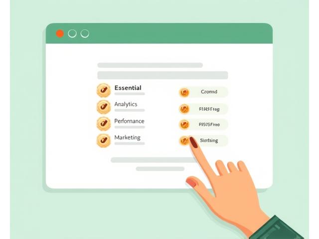 A stylized illustration of a browser window with cookie settings pop-up and various icons representing different types of tracking technologies (e.g. pixels, analytics). Emphasizes user control over data and transparent opt-in/opt-out options. Soft colors with accent orange highlights.
