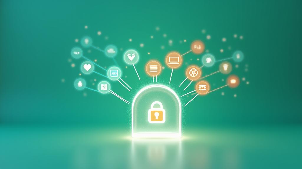 A visual representation of data flowing securely into a protected vault, with icons for personal data, health metrics, and device information. Emphasizes encryption and control. Using Vita Bloom's green and accent orange.