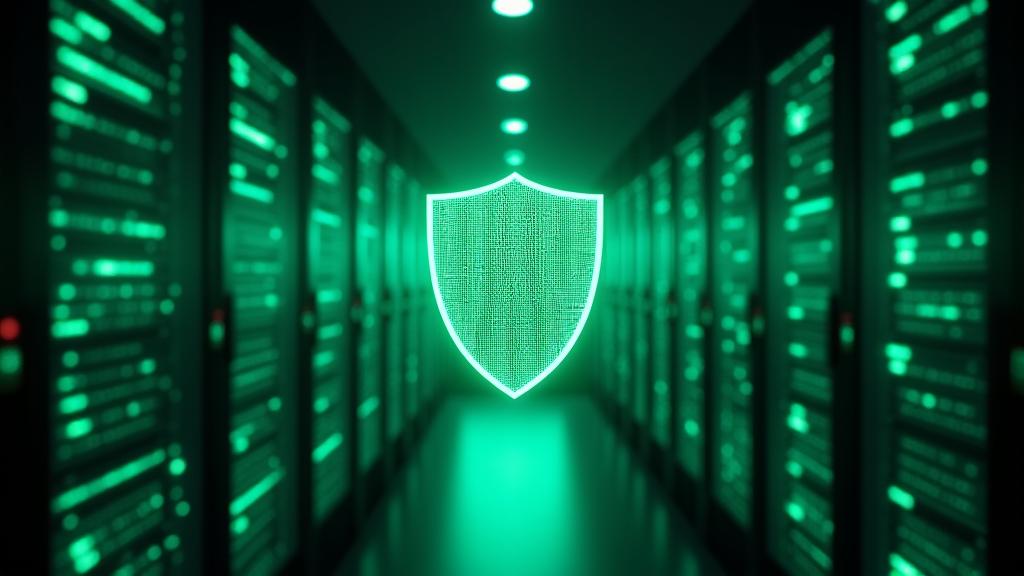A secure data center environment with glowing green security layers and server racks, symbolizing robust technical and physical security measures.