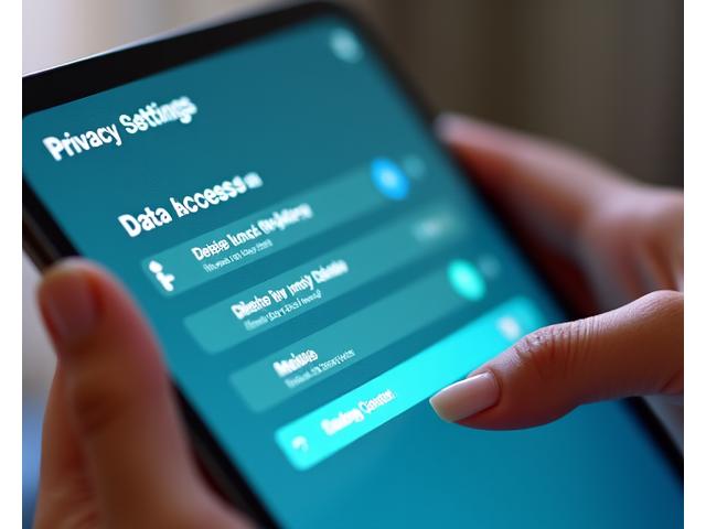 A user interface dashboard on a tablet or laptop screen displaying privacy settings with toggles and clear options for data access, deletion, and consent management. Predominantly clean UI with green accents, reflecting user control and transparency.