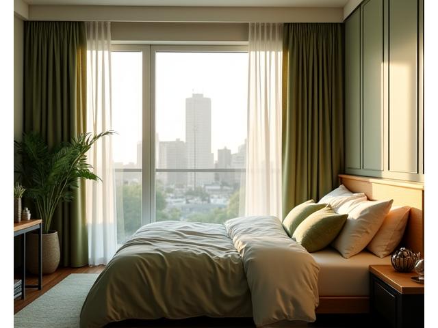 Cozy, minimalist bedroom designed for optimal sleep, with soundproofing panels and smart lighting in an urban Atlanta apartment.
