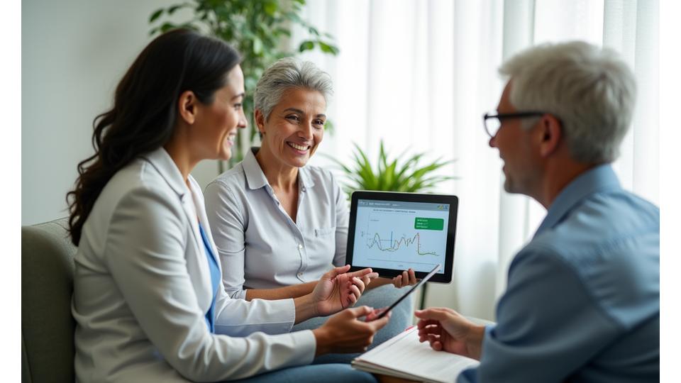 Image of a sleep coach consulting with a mature adult, showing empathetic and professional support in a bright, modern office setting.