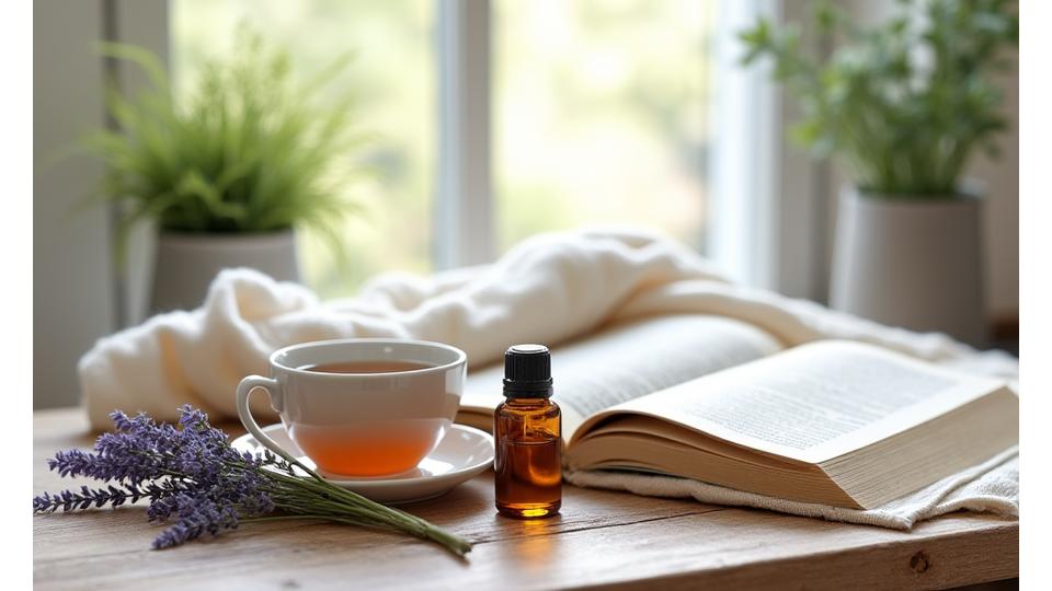 Still life composition of natural elements like lavender, chamomile tea, a cozy blanket, and a book, evoking peace and natural sleep.