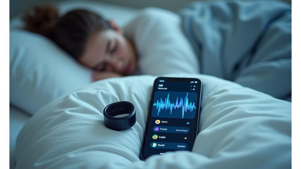 Infographic showing data points from sleep tracking, overlaid on a calm, sleeping silhouette, representing a blend of technology and natural rest.